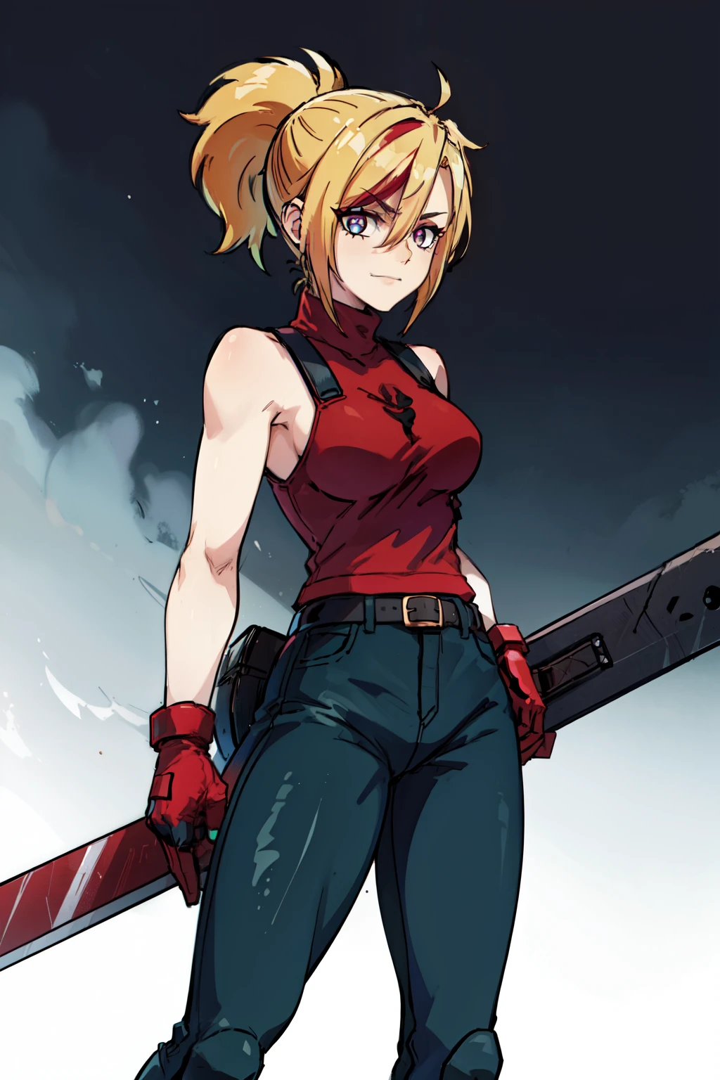 (masterpiece, best quality:1.2), red glowing eyes, red eyes, the eyes are red, perfect face, highres, 1 girl, solo, ultra long ponytail, (female:1.5), strife, blonde hair, shoulder armor, sleeveless turtleneck, suspenders, belt, gloves, bracer, evil smile, standing, portrait, looking at viewer, giant sword on the back, giant buster sword on the back, long leather boots, fullbody shot