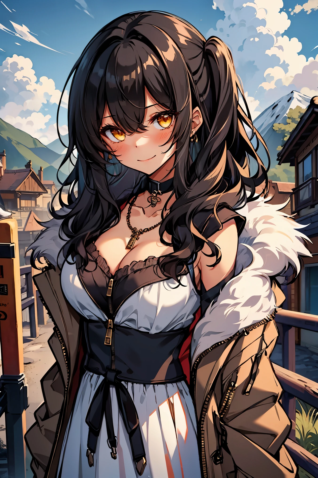 (masterpiece:1.2), (high quality:1.2), hui xiyi, rekkyo sensen, rekkyou sensen, (long wavy hair, one side up:1.45), solo focus, girls with((black hair, 1girl,bangs,bare shoulders, breasts,choker, cleavage,coat,collar,collarbone,cowboy shot, dress, frills, fur, fur collar, fur trim, hood down, hooded jacket, hoodie, jacket, large breasts, long hair, long sleeves, looking at viewer, medium breasts, medium hair, necklace, open clothes, open hoodie, sleeveless, solo, winter clothes, zipper, upper body)), background with ((architecture, blue sky, bush, castle, village, no humans, cloud, cloudy sky, day, fence, field, garden, grass, hill, house, lamppost, landscape, mountain, mountainous horizon, nature, no humans, outdoors, scenery, shrine, sky, tower))