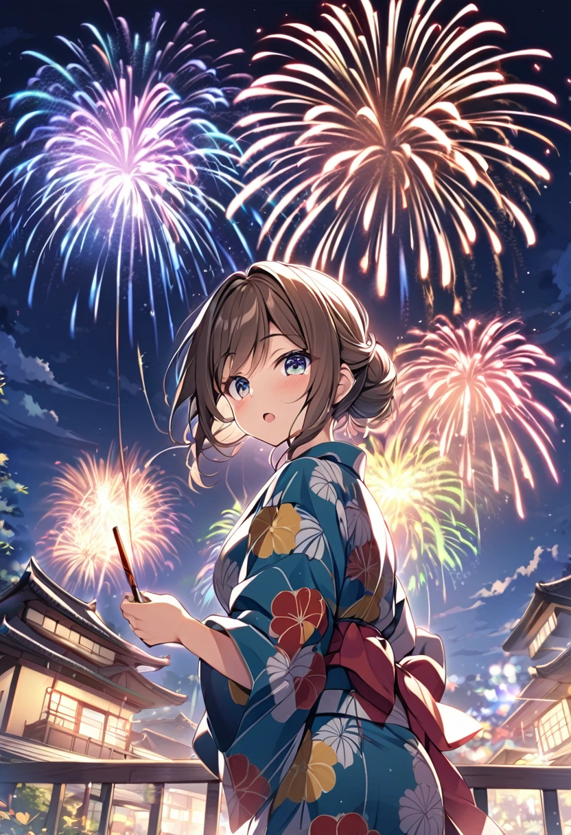 best quality, anime Seishun Buta Yarou series, character, Futaba Rio, glasses, gray half-up hair, colorful yukata, big fireworks