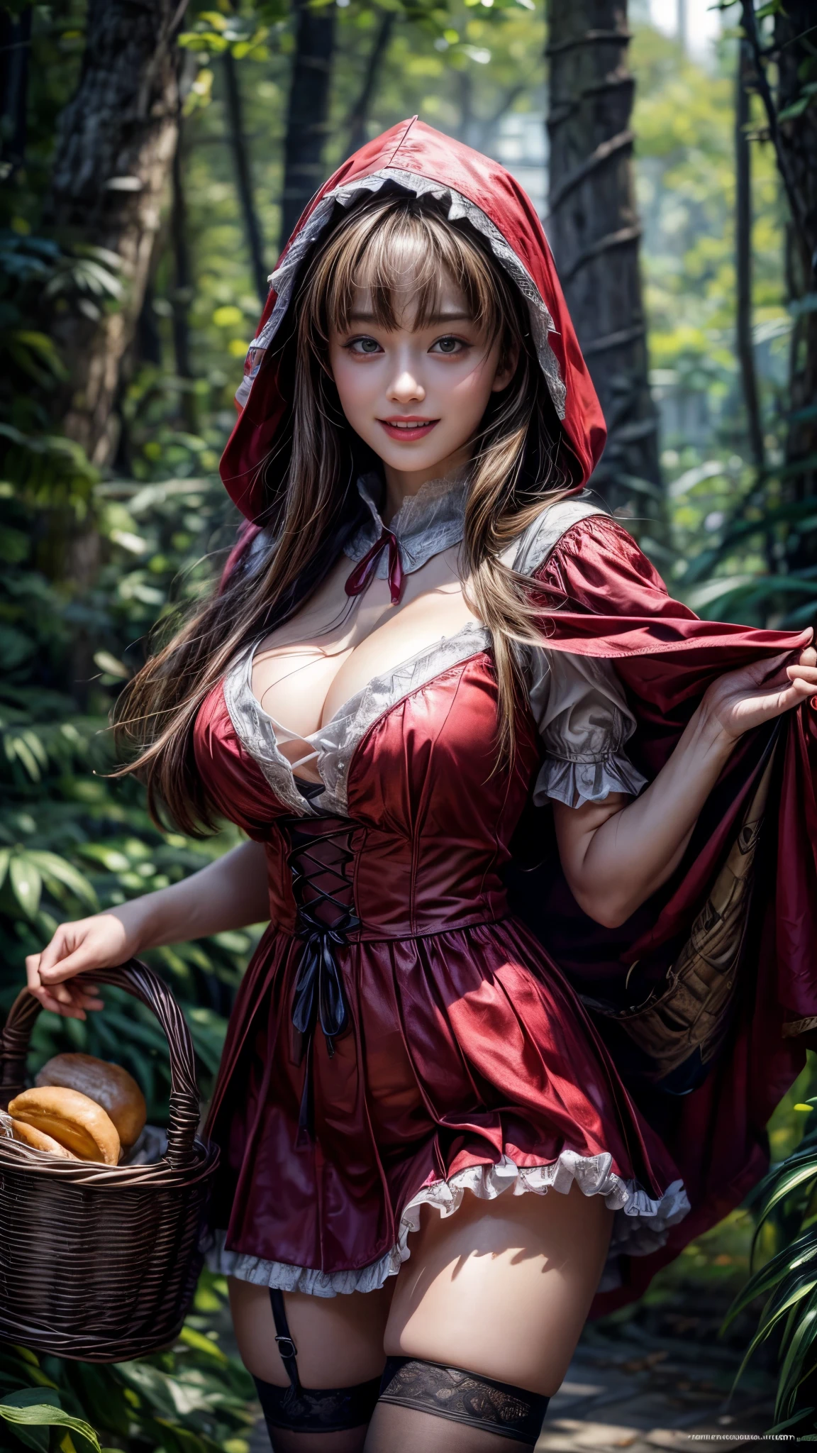 4K, Realistic,Very detailed,((Big Breasts))、18-year-old、((smile))、(Little Red Riding Hood)、(Medieval clothing)、(mini skirt)、Thigh-high stockings、(Carrying a basket of bread and wine)、grassland、((Delicate painting)),(Detailed RAW photos of girls), (Masterpiece:1.25), (Highest quality:1.6), (Ultra-high resolution:1.5), (Realistic:1.75), 8K resolution,:1.6), Canon EOS R5, 50mm,Very detailedな,Cinema Lighting