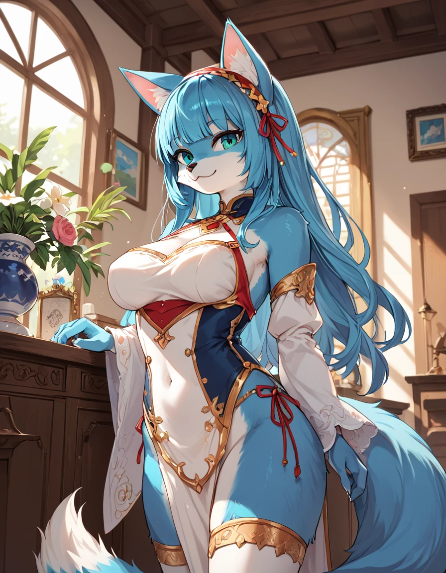 anime_source, (masterpiece), best quality, expressive eyes, perfect face, score_9, score_8_up, score_7_up, 1girl, blue furry fox, alternate costume, animal ears, aqua eyes, blue hair, breasts, cat ears, closed mouth, furry, furry female, hairband, indoors, large breasts, long hair, looking at viewer, medium breasts, smile, solo, standing, tail