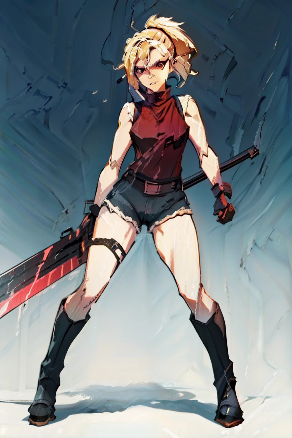 (masterpiece, best quality:1.2), red glowing eyes, red eyes, the eyes are red, perfect face, highres, 1 girl, solo, ultra long ponytail, (female:1.5), strife, blonde hair, shoulder armor, sleeveless turtleneck, suspenders, belt, gloves, bracer, evil smile, standing, portrait, looking at viewer, giant sword on the back, giant buster sword on the back, long leather boots, fullbody shot