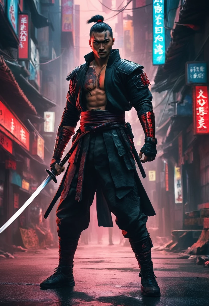 samurai man, Surreal, The skin is very fine., 4K, Inkpunk style, wonderful light, cyberpunk style,, Katana illustration, concept art, full body shot, cinema, Promotional Art, incredible light, One hand holds a katana.,fight,dodge,avoid,realistic,ภาพrealistic:1.37),bright colors,clear focus,Blurry,(Fantasy:1.2),(dynamic poses:1.37),(intense stare),(Special powers),(Legendary power),black and red,Wounds on the body