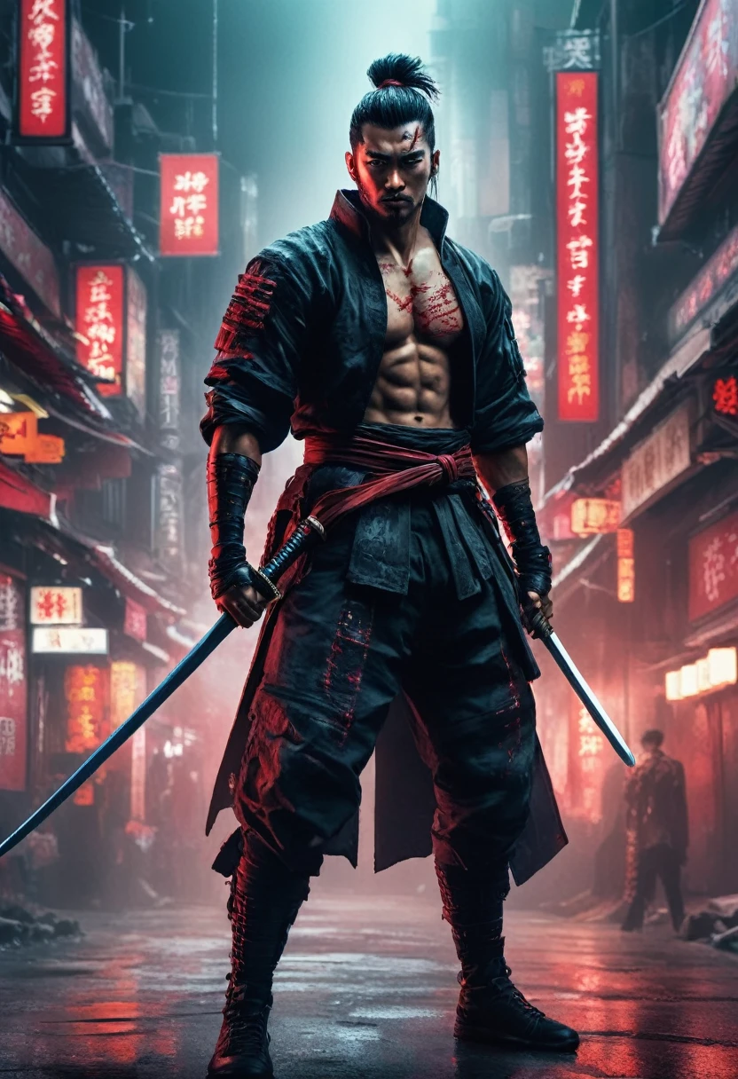 samurai man, Surreal, The skin is very fine., 4K, Inkpunk style, wonderful light, cyberpunk style,, Katana illustration, concept art, full body shot, cinema, Promotional Art, incredible light, One hand holds a katana.,fight,dodge,avoid,realistic,ภาพrealistic:1.37),bright colors,clear focus,Blurry,(Fantasy:1.2),(dynamic poses:1.37),(intense stare),(Special powers),(Legendary power),black and red,Wounds on the body