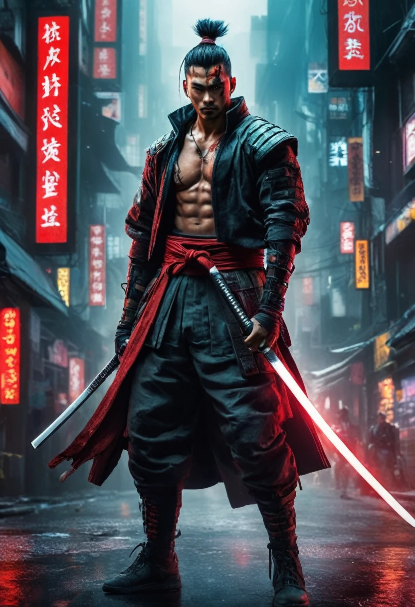 samurai man, Surreal, The skin is very fine., 4K, Inkpunk style, wonderful light, cyberpunk style,, Katana illustration, concept art, full body shot, cinema, Promotional Art, incredible light, One hand holds a katana.，fight，dodge，avoid，realistic，ภาพrealistic：1.37），bright colors，clear focus，Blurry，（Fantasy：1.2），（dynamic poses：1.37），（intense stare），（Special powers），（Legendary power），black and red，Wounds on the body