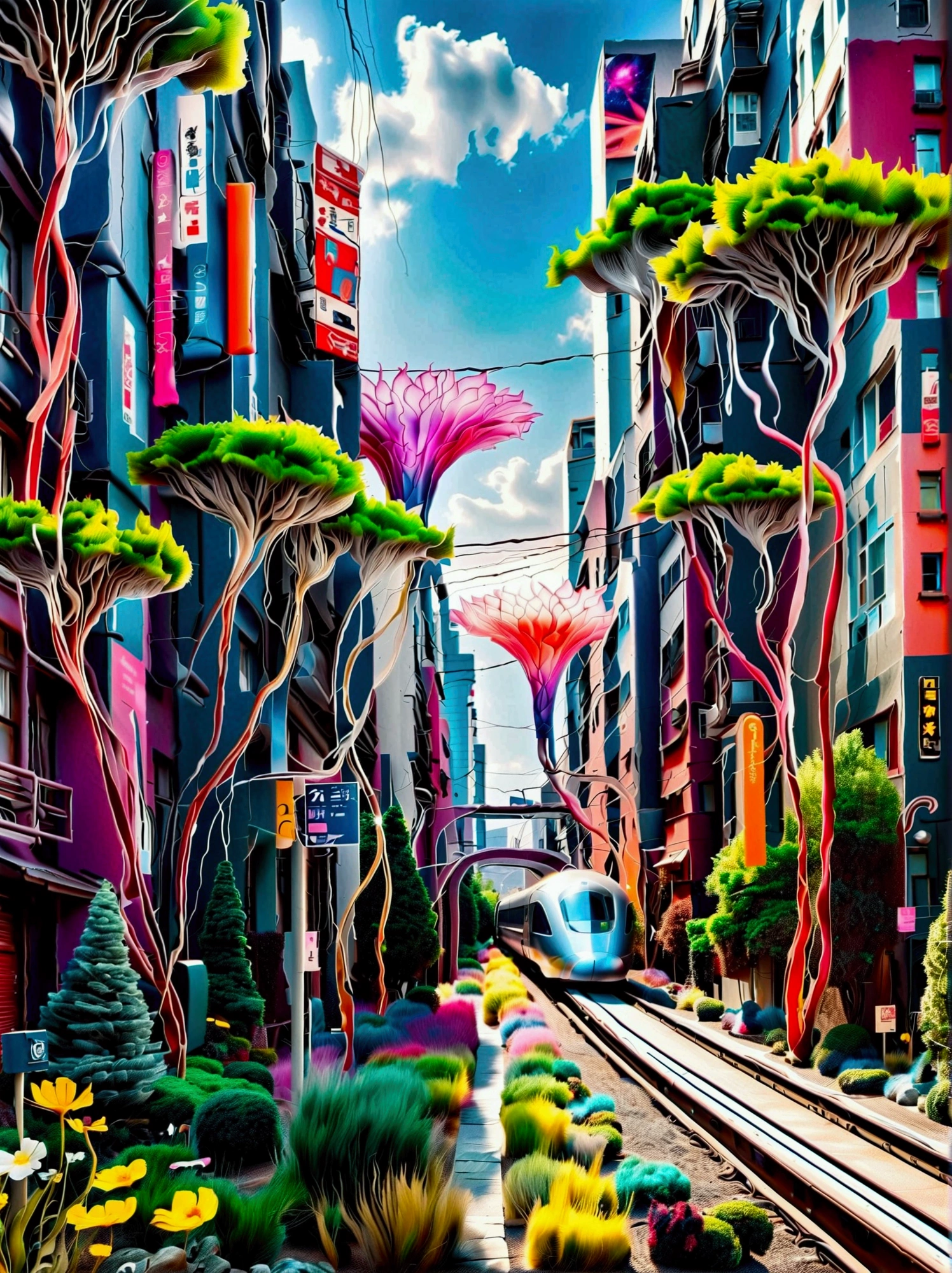 Cidade futuristica, 24th century, skyscrapper, nanomaterials, streamlined line design, Road system, Maglev train, trpical garden, A plant, the trees, Air purification, Regulate the climate, air vehicle, Anti-gravity technology, Dynamic colored lights, Automated robots, Intelligent assistance systems, Virtual reality technology, Technologie, Artistically, Innovative, ((hyper realistic detailed)), Global illumination, Octane rendering, Super sharp, metal, complex, detailed decoration, Bright colors, New York details, highly intricate detail, realistic raytraicing, CGSociety trends, eye disease, facing camera, neon light detail, 8K