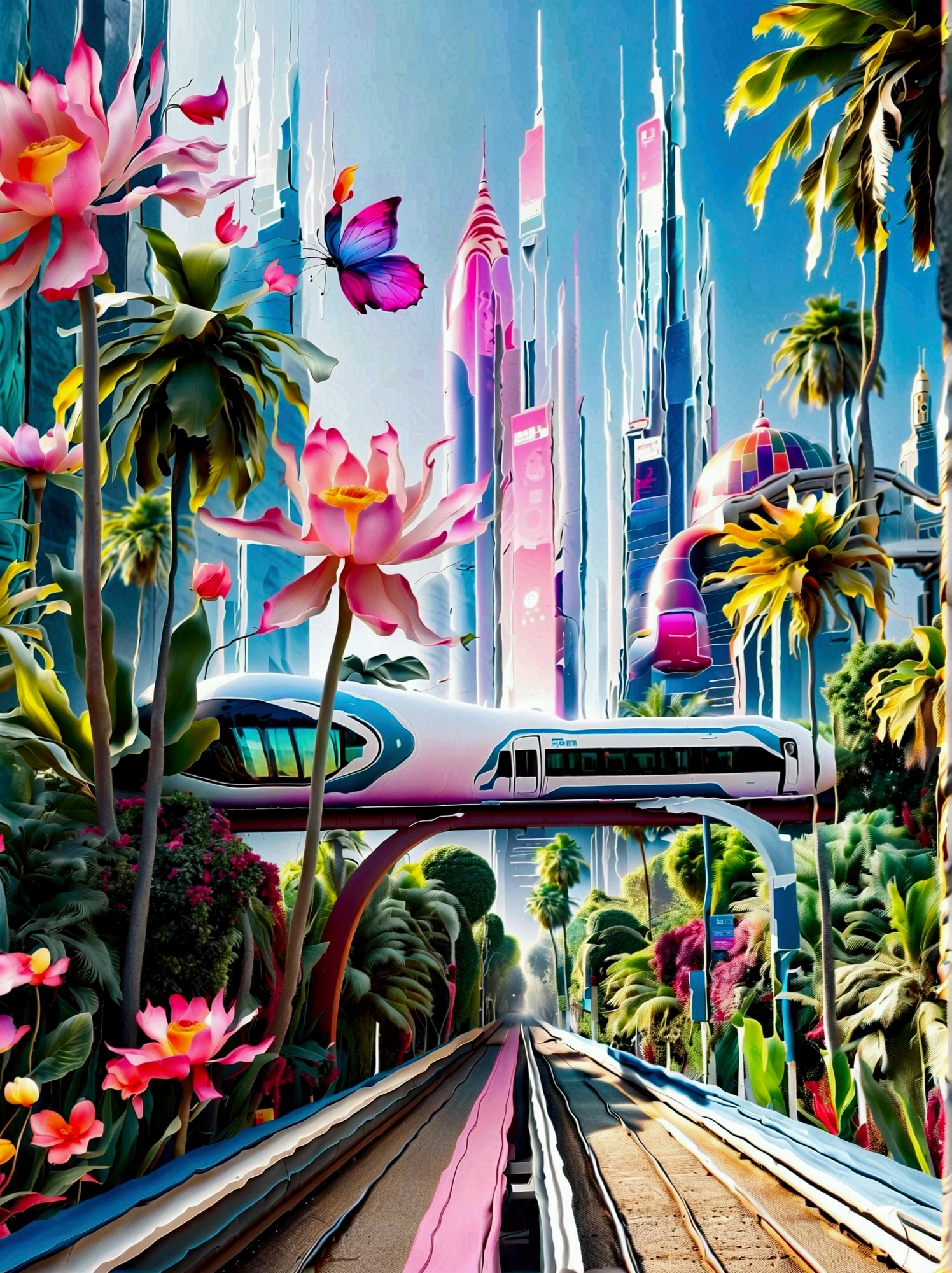 Cidade futuristica, 24th century, skyscrapper, nanomaterials, streamlined line design, Road system, Maglev train, trpical garden, A plant, the trees, Air purification, Regulate the climate, air vehicle, Anti-gravity technology, Dynamic colored lights, Automated robots, Intelligent assistance systems, Virtual reality technology, Technologie, Artistically, Innovative, ((hyper realistic detailed)), Global illumination, Octane rendering, Super sharp, metal, complex, detailed decoration, Bright colors, New York details, highly intricate detail, realistic raytraicing, CGSociety trends, eye disease, facing camera, neon light detail, 8K