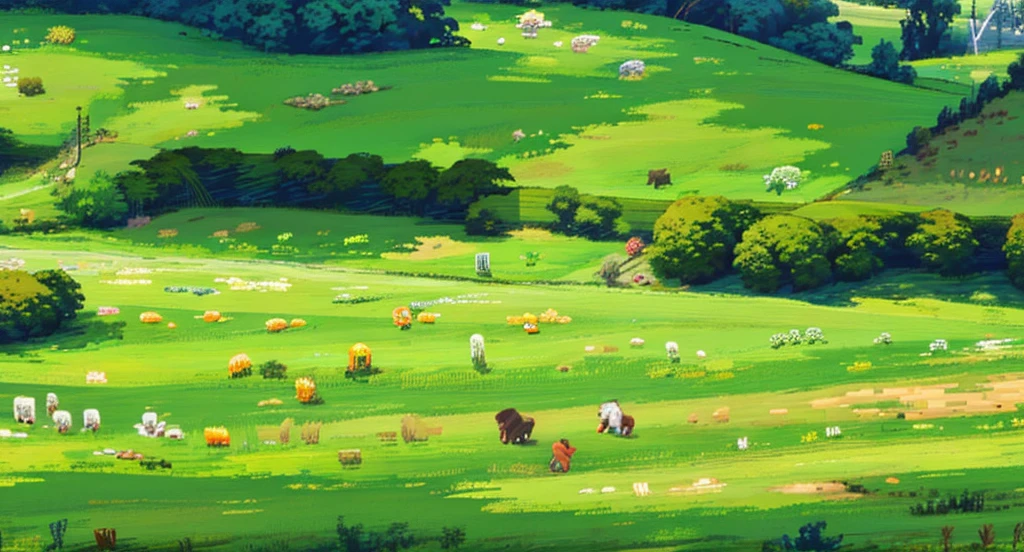 Stardew Valley style,pixilated, farms,cartoony, A large grid-shaped farmland,farms, steins, grassy,Verdure, wheat, the trees, critters, isometric 2 d game art, tmasterpiece, super detailing,genitals,Best quality at best