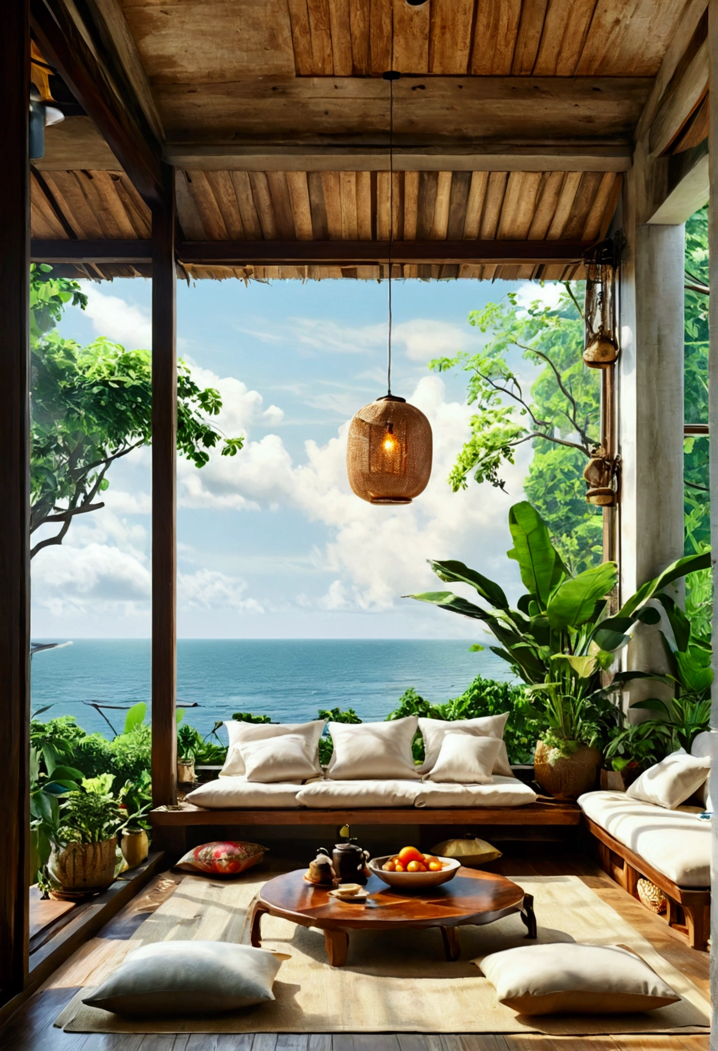 Describe a typical Vietnamese house with a unique architectural feature: a window that offers a breathtaking view of the sea. The kitchen is elegantly designed, with a wooden backsplash and a warm ambiance. The living room features a statement wood deck, adorned with traditional Vietnamese posters, plush white cushions, and a comfortable tea-colored sofa. The room is further enhanced by the presence of lush green plants and elegant pendant lights. In the morning, the room is filled with natural light, creating a cozy and inviting atmosphere. Please provide a detailed description of this scene, with a minimum of 16,000 characters, and focus on creating a beautiful and vivid picture in the reader's mind." The modifications aim to: 1. Clarify the concept of a typical Vietnamese house with a sea view window. 2. Specify the unique architectural features and design elements. 3. Provide more context and details about the living room, kitchen, and atmosphere. 4. Emphasize the desired output: a detailed description of the scene with a minimum of 16,000 characters.