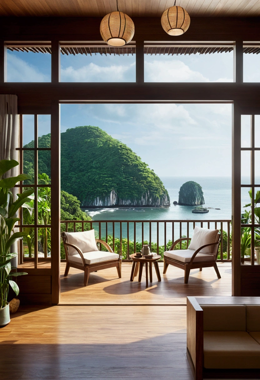 Describe a typical Vietnamese house with a unique architectural feature: a window that offers a breathtaking view of the sea. The kitchen is elegantly designed, with a wooden backsplash and a warm ambiance. The living room features a statement wood deck, adorned with traditional Vietnamese posters, plush white cushions, and a comfortable tea-colored sofa. The room is further enhanced by the presence of lush green plants and elegant pendant lights. In the morning, the room is filled with natural light, creating a cozy and inviting atmosphere. Please provide a detailed description of this scene, with a minimum of 16,000 characters, and focus on creating a beautiful and vivid picture in the reader's mind." The modifications aim to: 1. Clarify the concept of a typical Vietnamese house with a sea view window. 2. Specify the unique architectural features and design elements. 3. Provide more context and details about the living room, kitchen, and atmosphere. 4. Emphasize the desired output: a detailed description of the scene with a minimum of 16,000 characters.