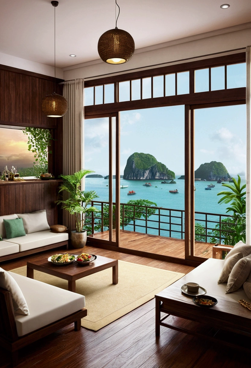 Describe a typical Vietnamese house with a unique architectural feature: a window that offers a breathtaking view of the sea. The kitchen is elegantly designed, with a wooden backsplash and a warm ambiance. The living room features a statement wood deck, adorned with traditional Vietnamese posters, plush white cushions, and a comfortable tea-colored sofa. The room is further enhanced by the presence of lush green plants and elegant pendant lights. In the morning, the room is filled with natural light, creating a cozy and inviting atmosphere. Please provide a detailed description of this scene, with a minimum of 16,000 characters, and focus on creating a beautiful and vivid picture in the reader's mind." The modifications aim to: 1. Clarify the concept of a typical Vietnamese house with a sea view window. 2. Specify the unique architectural features and design elements. 3. Provide more context and details about the living room, kitchen, and atmosphere. 4. Emphasize the desired output: a detailed description of the scene with a minimum of 16,000 characters.