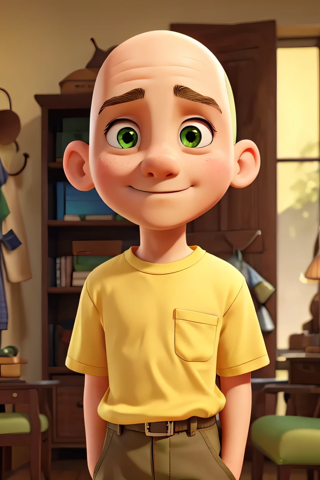 Boy, bald, yellow shirt, green eyes, 60 years old.