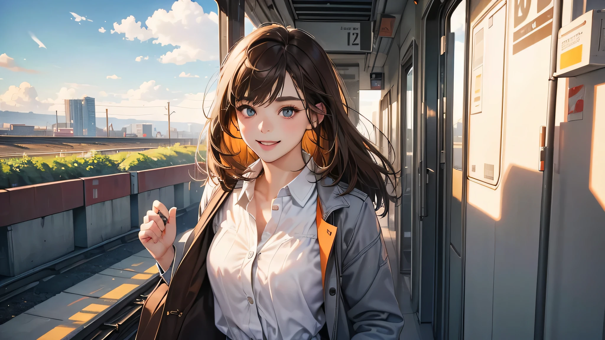 (perfect anatomy:1.2)(absurdres, highres, ultra detailed),masterpiece,best quality,high resolution,8K,Realistic face,Realistic skin texture,magnified textures, stunning clarity,detailed girl,(1 girl:1.2).(ultra detailed eyes and face),22 years old.(grey jacket,White blouse、Brown Hair、Shortcuts:1.4、Natural Makeup、Women's Pants)、good feeling、laughing、、smilingly、 train,morning、Sunny、Orange Tote Bag、、Looking at the sky、standing,she is a office worker