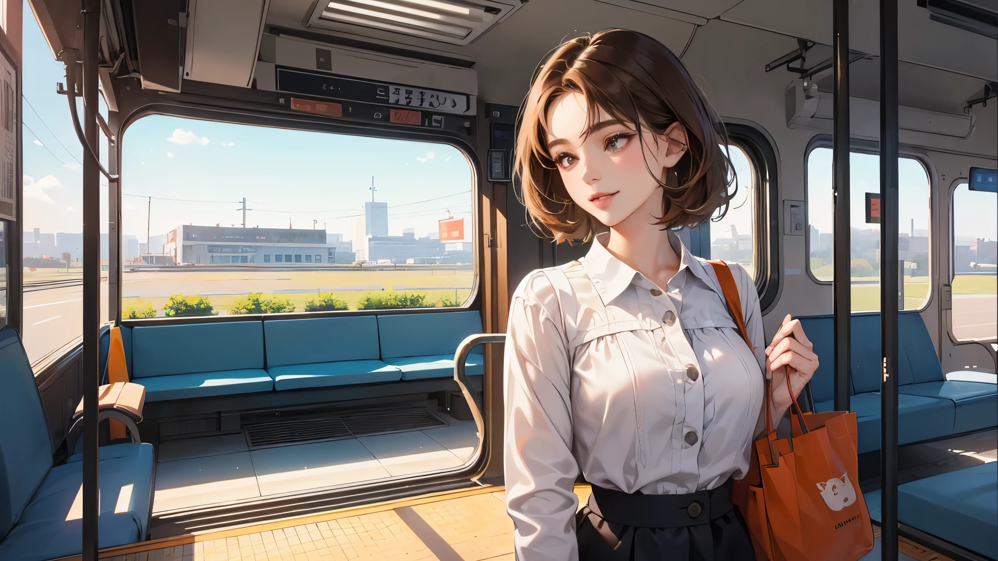 (perfect anatomy:1.2)(absurdres, highres, ultra detailed),masterpiece,best quality,high resolution,8K,Realistic face,Realistic skin texture,magnified textures, stunning clarity,detailed girl,(1 girl:1.2).(ultra detailed eyes and face),22 years old.(grey jacket,White blouse、Brown Hair、Shortcuts:1.4、Natural Makeup、Women's Pants)、good feeling、laughing、、smilingly、 a train,morning、Sunny、Orange Tote Bag、、Looking at the sky、standing,she is a office worker