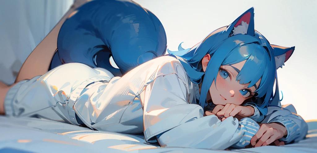 ((Best quality)), ((masterpiece)), (detailed), 1 anime from the edge, light blue hair, light blue eyes, lying in bed, white sweatshirt, lying on his stomach, looks at the camera, White background, perfect hands, cat&#39;s ears. stockings, long hair. perfect legs
