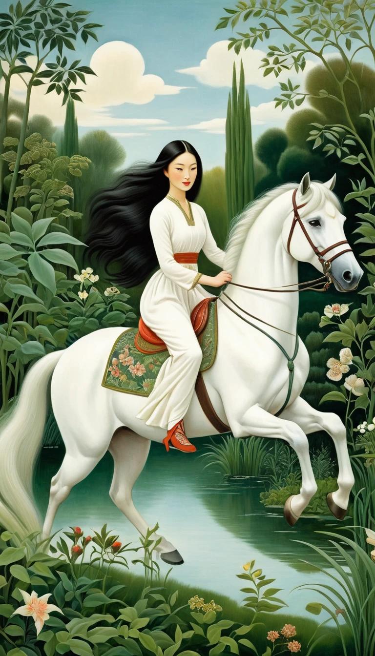 The Oriental girl rides a white horse in the garden, by the lake, the breeze blows her long hair, the dense green plants，in style of Angela Barrett and henri rousseau