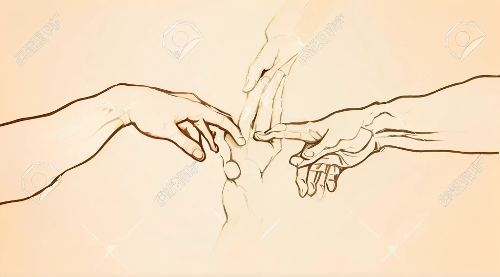 two hands touching each other with fingers, creation of Adam, Finger of God, the creation of Adam, reaching out to each other, Perfectly drawn hands, dramatic work of art, veiny hands, By Michelangelo, 🪔 🎨;🌞🌄, coherent hands, draw by hand, in his right hand, Blessings hands, Hands not visible, with the finger pointing.
a close-up of two hands touching each other with the index finger, the hands reproduce the position of the fingers from "The Creation of Adam", Sistine Chapel, (detail of the painting) The hand that represents Adam is that of an Android and the hand of God is that of a man. In the background you can see the globe.