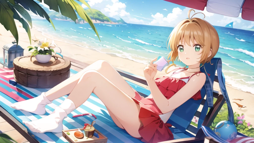 masterpiece, Highest quality, wallpaper, One girl, alone,Swimwear, socks, Both sides up, summer、Seaside