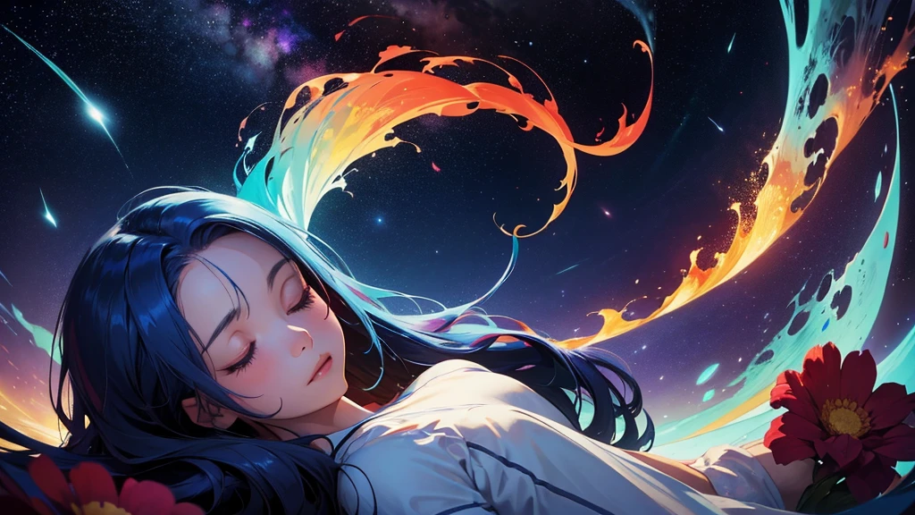 In the silent immensity of space, a young girl floats peacefully, asleep. Her hair, a vibrant cascade of red and blue, floats around her face like cosmic flames, slowly undulating in weightlessness. Her face is relaxed, full of serenity, while distant stars twinkle gently through the large window pane next to her. The infinite darkness of the universe contrasts with the vibrant colors of her hair, creating a scene that is both mysterious and enchanting. She seems to be in perfect harmony with the infinity that surrounds her, a dreamlike being lost in the eternal embrace of space.sleeping