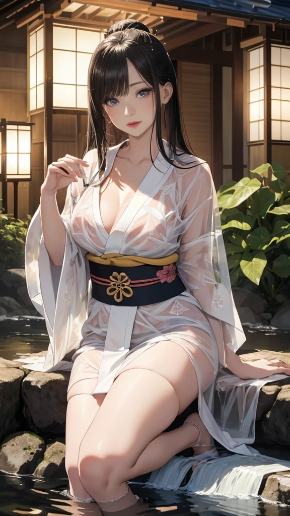 ((Waterfall basin on a moonlit night)),((池の真ん中に立つbeautiful女性)),((beautiful half-naked woman in a beautiful waterfall basin)), ((Sharp and captivating eyes))、((Sexy))、(((See-through kimono:1.3)))、((Kimono made of thin cloth wet with water:1)), Pale skin、(((One Girl:1))), ((Pale skin))、憂鬱なbeautiful顔、beautiful expression、Sexy顔、Swollen nipples, (((Lower Breast)))、(((beautiful breasts ))), beautiful 、Knee-high boots、Super detailed face、Delicate eyes、(double eyelid)、 (((1. Japanese women)))、 Beauty, 20-year-old,((See-through kimono)), (Show off by wearing Japanese revealing clothes),
