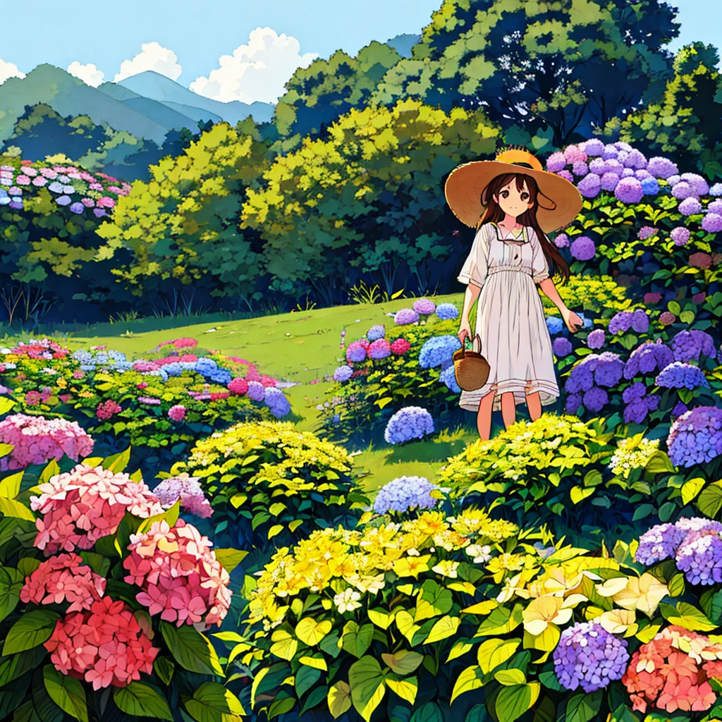 Straw hat girl, brown hair, hydrangea flower, nostalgic, simple scenery, expressionless, plain background, chic, looking up angle