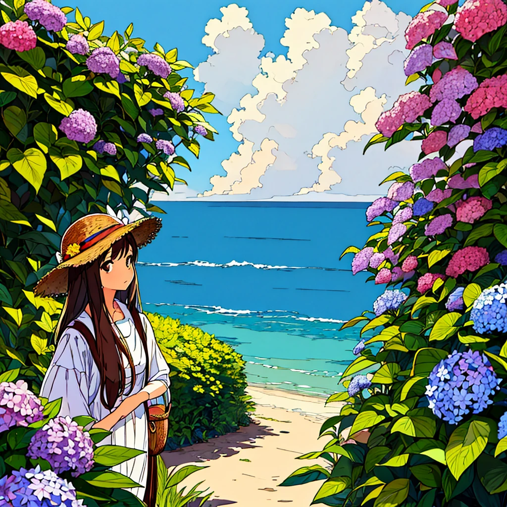 Straw hat girl, brown hair, hydrangea flower, nostalgic, simple scenery, expressionless, plain background, chic, looking up angle
