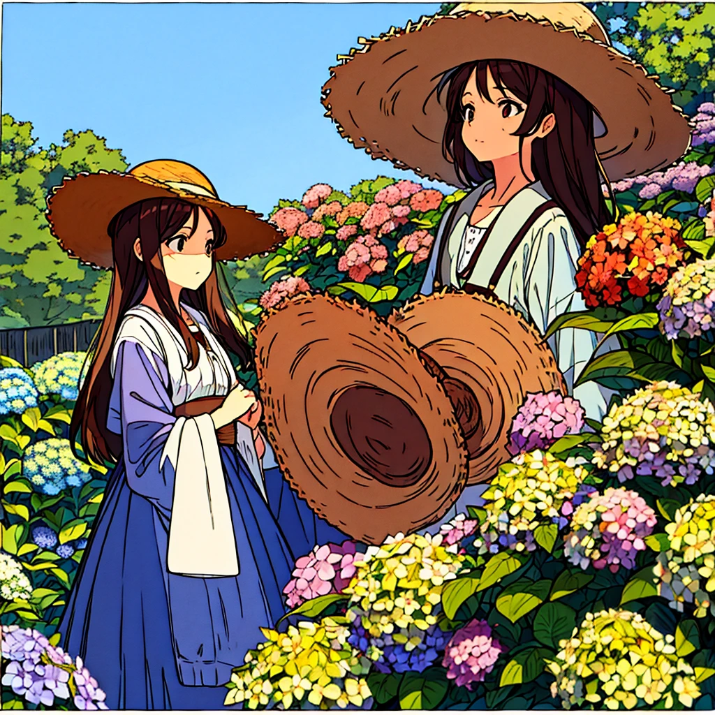  Straw hat girl, brown hair, hydrangea flower, nostalgic, simple scenery, expressionless, plain background, chic, looking up angle