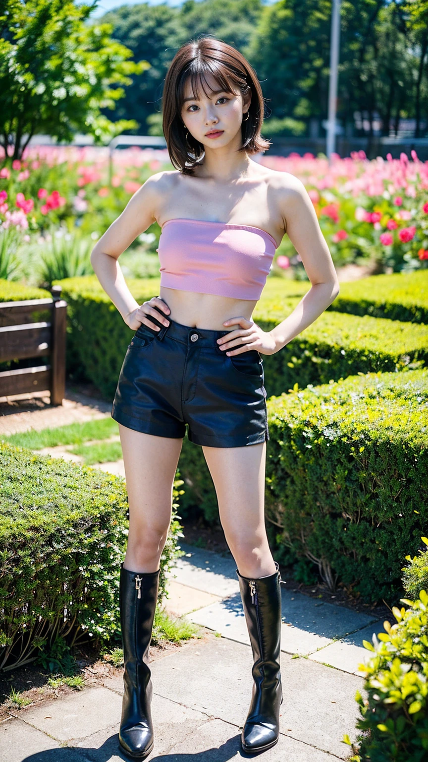 (8K、RAW Photos、Highest quality、masterpiece:1.2)、(Highest quality、Realistic)、1 Girl、((Tube top、Shorts、Medium Hair、Pink and black、Thin legs、whole body、boots、garden、View from the front、Looking into the camera、Stand with hands on hips))、cute