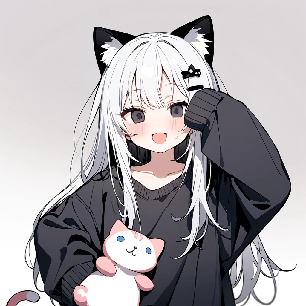 long hair, White hair, black inner hair, open mouth, smile, flustered, Illustration where the pupil does not overlap the lower lash line, The lower half of the eye is white, vacant eyes, black eyes, oversized clothes, sleeves past wrists, , black cardigan, black ribbon, piercing, stuffed animal, White background, 1girl, cat ear，solo, hairpin，Take a picture herself