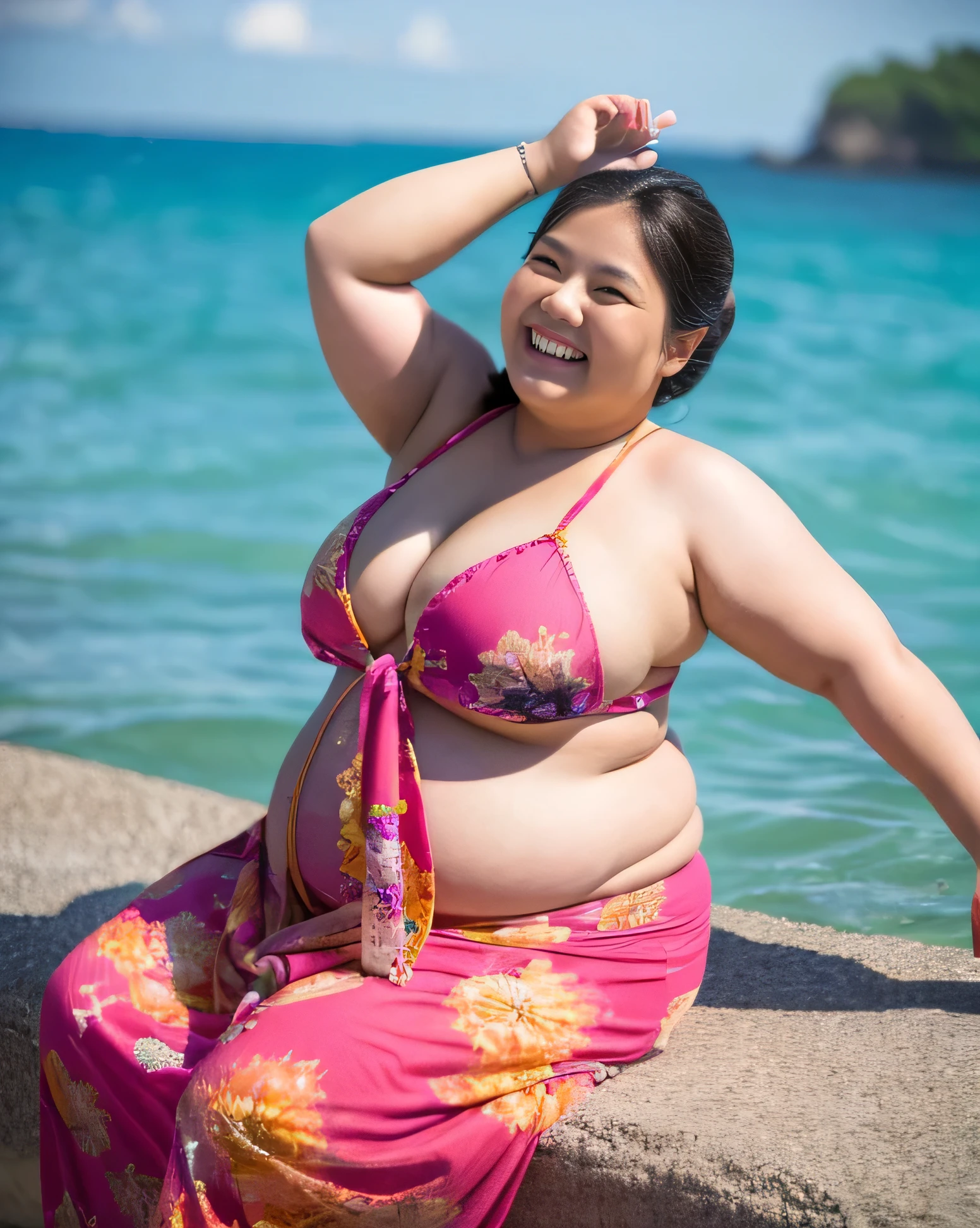 ((8K)), highest quality, 超High resolution, (High resolution), 1 girl, ((Sarong-pass)), Overweight, ((Extremely fat)), ((Chubby)), Japanese, ((twinkle smile)), at the sea