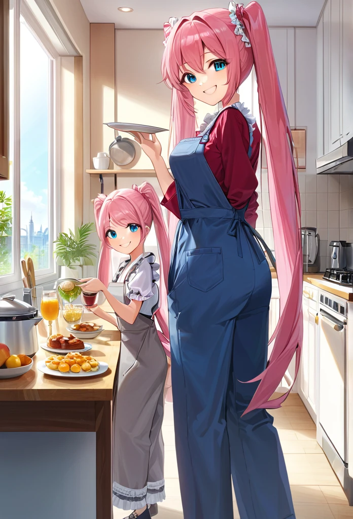 ((masterpiece))、((Highest quality)、(Very detailed)、8K、Delicate anime-style depictions.2 women。Prepare breakfast with your family,,(Very long hair、pink、black、Bright Blue Eyes、)(Twin tails and ponytails)Her dark eyes are highlighted。Overall it became brighter、Two smiling people。((The outfit is grey,Frills,Lace camisole and tap pants.))、,((Summer kitchen))、((wonderful.))、((whole body))、Two people cooking side by side、((Rear View))