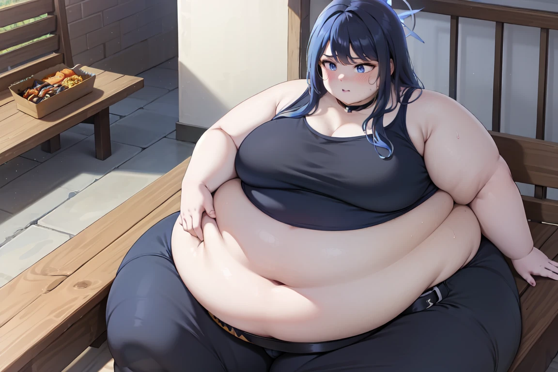 saori joumae, blue eyes, blue hair, halo, long hair, massive breasts, wide hips, torn clothes, massive hips, fat bare arms, bare shoulders, belt, black headwear, black pants, black shirt, blue gloves, crop top, gloves, leggings, midriff, navel, pants, shirt, sleeveless, sleeveless shirt, wet, sweaty, tired, sitting on bench, fat face, fat neck, double chin, fast food restaurant, eating