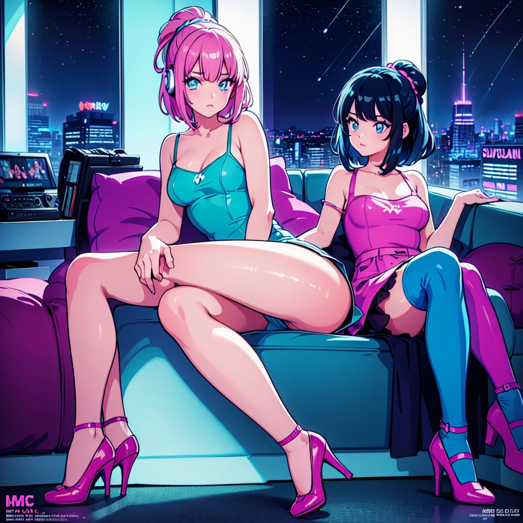 (masterpiece), Highest quality, Expressive eyes, Neon pastel aesthetics, Retro 90s, Neon color,((Girl sitting on sofa,In a cozy room,Records hanging on her wall, Comic books on the floor, Looking out the window behind her at the night city, Upholstered room, Anime figures lined up on a shelf)), Wearing headphones, (All around her it sparkles), (Wearing high socks and heels), (blue eyes), (Soft look), (Synthwave Art Style), Colorful Hair, Desk with PC set up