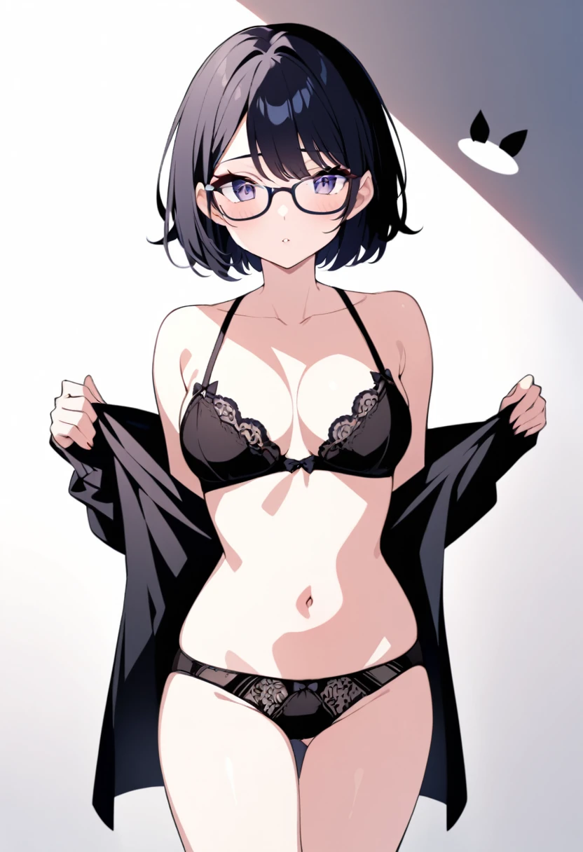 A beautiful woman with short black hair, glasses and underwear