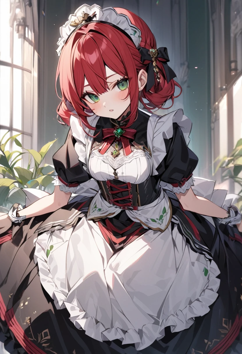Short blackish red hair, green eyes in an ornate royal maid dress