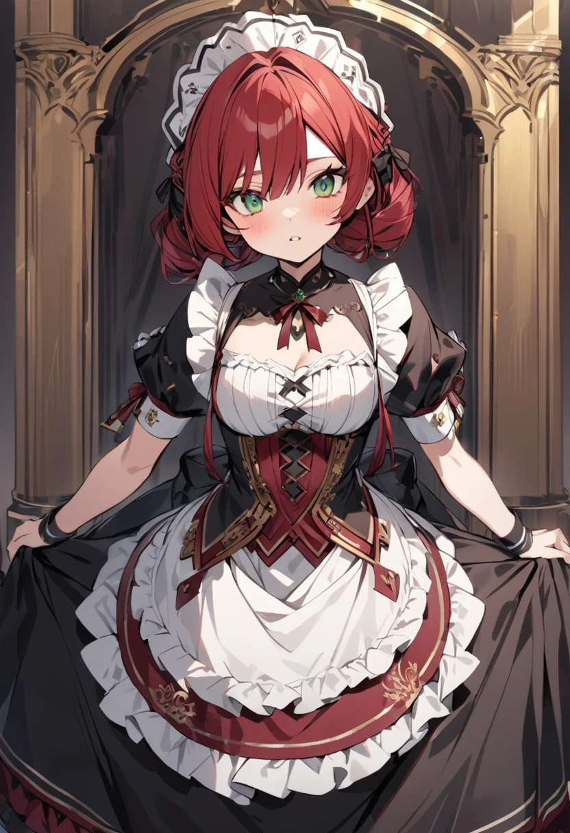 Short blackish red hair, green eyes in an ornate royal maid dress