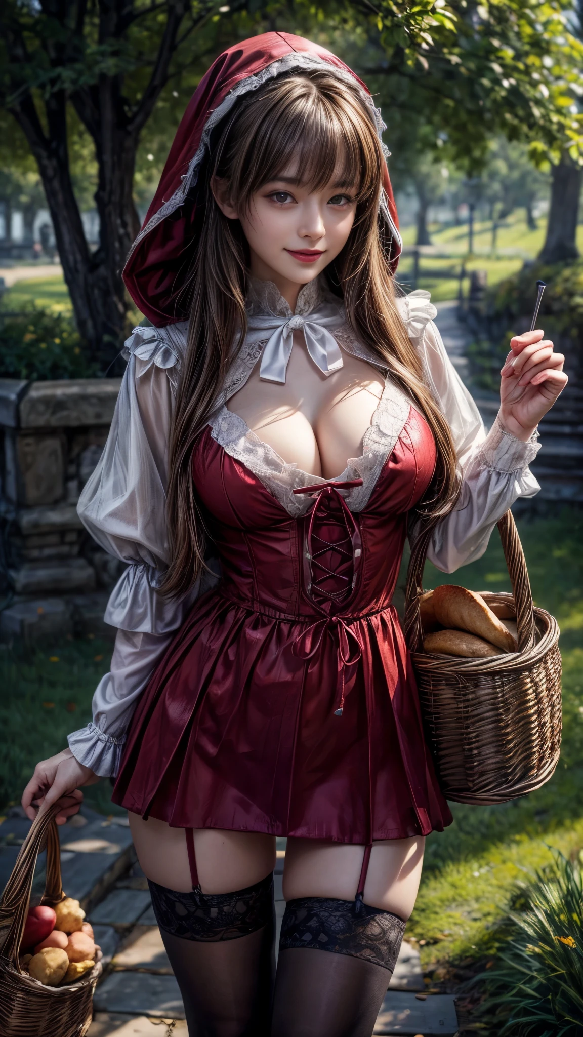 4K, Realistic,Very detailed,((Big Breasts))、18-year-old、((smile))、((blunt bangs))、(Little Red Riding Hood)、(Medieval clothing)、(mini skirt)、Thigh-high stockings、(Carrying a basket of bread and wine)、grassland、((Delicate painting)),(Detailed RAW photos of girls), (Masterpiece:1.25), (Highest quality:1.6), (Ultra-high resolution:1.5), (Realistic:1.75), 8K resolution,:1.6), Canon EOS R5, 50mm,Very detailedな,Cinema Lighting