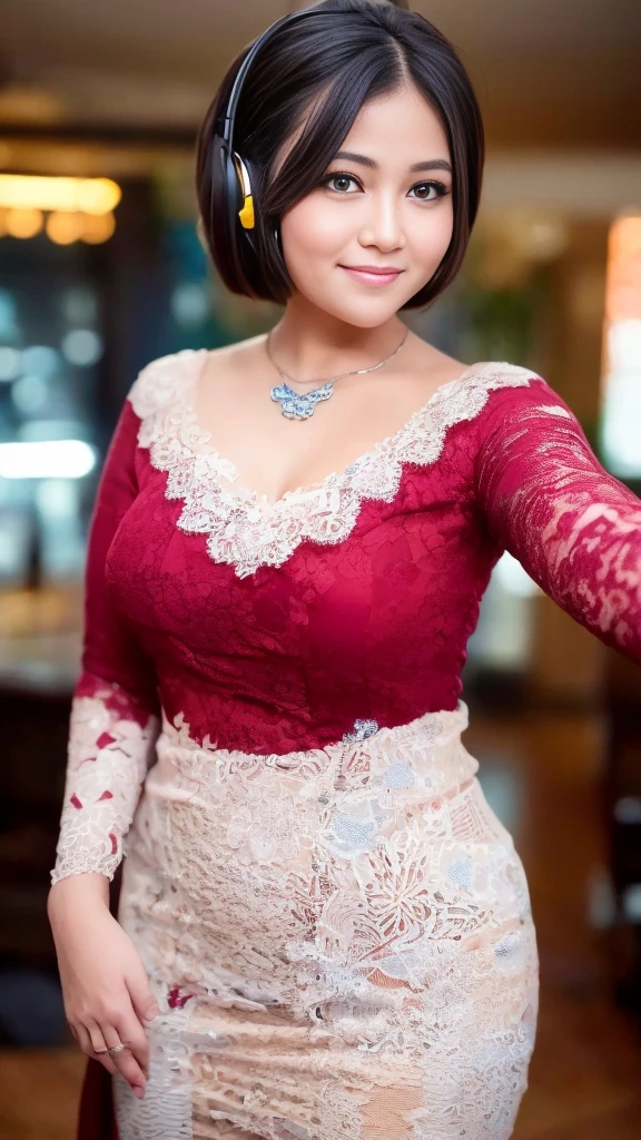 (ultra - detailed, 16K resolution, Cinema lenses, rendering by octane), (high resolution:1.18), intricate detail, (masterpiece:1.1), (highest quality:1.1), (1girl, portrait, white hair, blue eyes, long hair, detailed eyes),Wearing red DJ headphones, a beautiful woman with a slender figure, (dark brown layered hairstyle), wearing a pendant, ((kebaya_bali)), modern plain hot deep neck top and dupatta, shy, medium portrait, watery eyes, wearing red kebaya, well-proportioned body,, chubby massive thighs, Hena art on the body, hena art on arms , (cute round face:1.3),perfect fingers, five fingers, beautiful hands, perfect hands. master peace, cute smile.