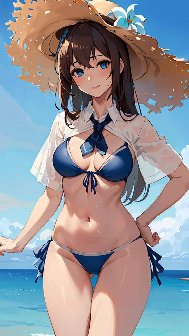 (masterpiece), (Highest quality), (Very detailed), Realistic, (Best illustrations), (Very delicate and beautiful), One Girl, alone, Detailed landscape, Sparkling Beach, blue sky, White cloud, kcshigurek3su, Cowboy Shot, Leaning forward, Detailed Iris, fine grain, Side tie bikini bottom, hair ornaments, Hair flap, Single Blade, Brown Hair, Straw hat, Hat Flower, Front tie bikini top, Black tie, Collared shirt, See-through, Blue Ribbon, A light smile, Short sleeve,
Very beautiful eyes、Very beautiful face、very elaborate body、Very fine skin, very elaborate hair ornaments, Precision sculpted body and hands, Wet transparent shirt