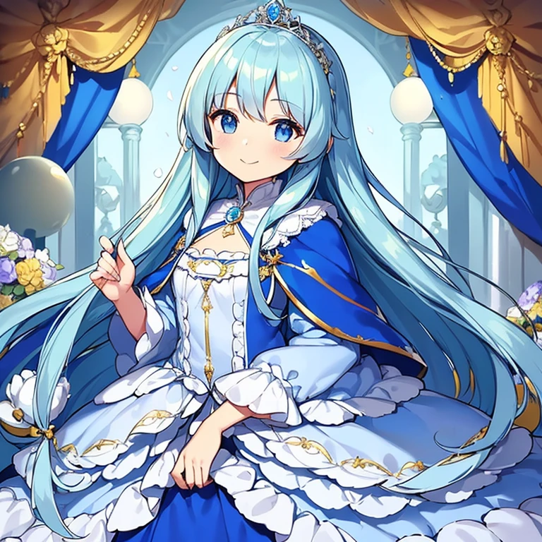 looking at viewer, upper body,(masterpiece),(best quality),(rococo style),(long train blue cape:1.15), very long cape,(long train white ball gown with flower decorations:1.1), a girl is wearing a cape over her gown, 1 little princess, tiara, smile, very long hair, small breasts