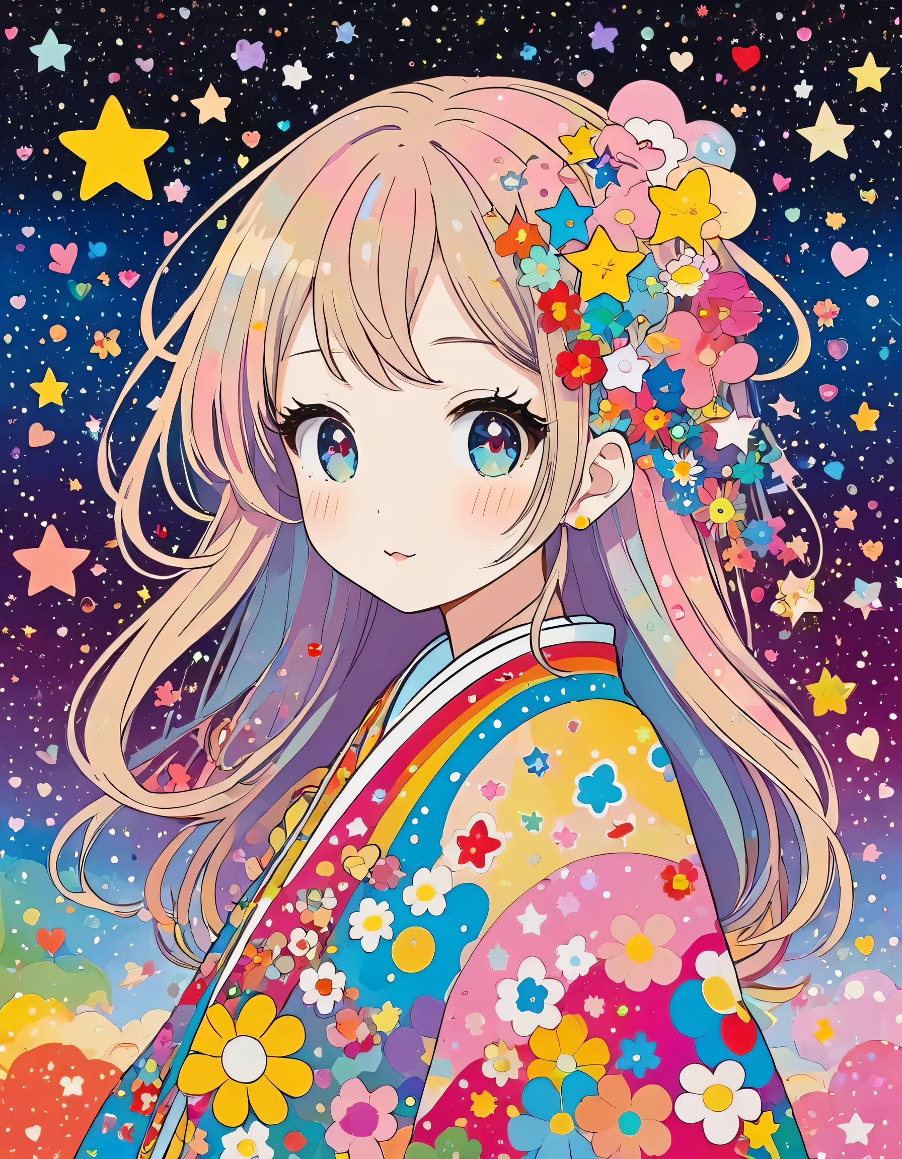 Takashi Murakami style, Simple Line Initialism，Abstract art，Kawaii Design, The most beautiful girl of all time, The background is star dust, colorful hearts,