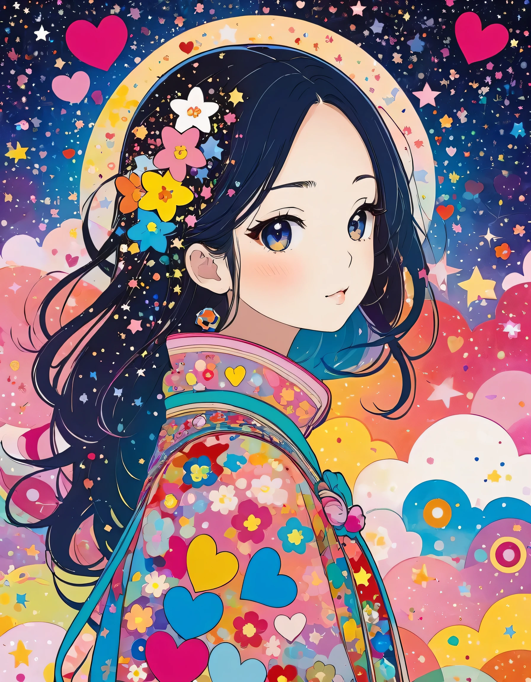 Takashi Murakami style, Simple Line Initialism，Abstract art，Kawaii Design, The most beautiful girl of all time, The background is star dust, colorful hearts,