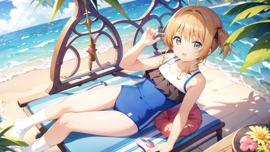 masterpiece, Highest quality, wallpaper,  One girl, alone,Swimwear, socks, Both sides up, summer、Seaside