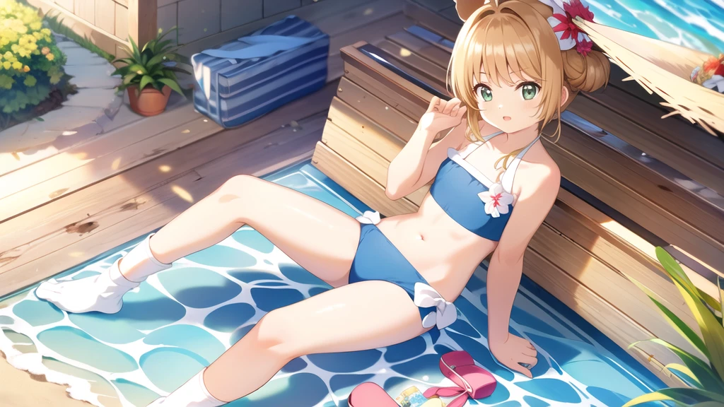 masterpiece, Highest quality, wallpaper, One girl, alone,Swimwear, socks, Both sides up, summer、Seaside