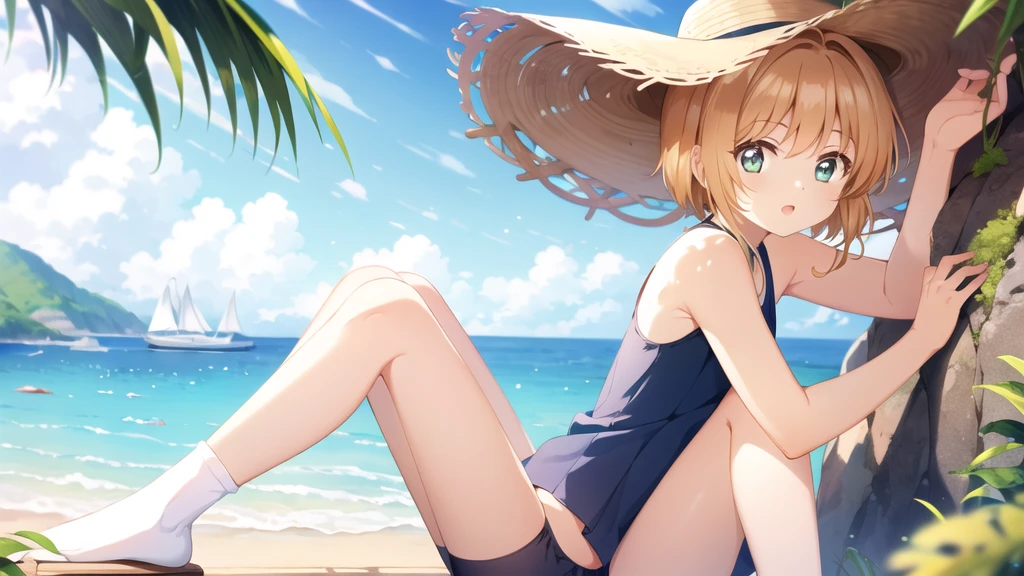 masterpiece, Highest quality, wallpaper, One girl, alone,Swimwear, socks, Both sides up, summer、Seaside
