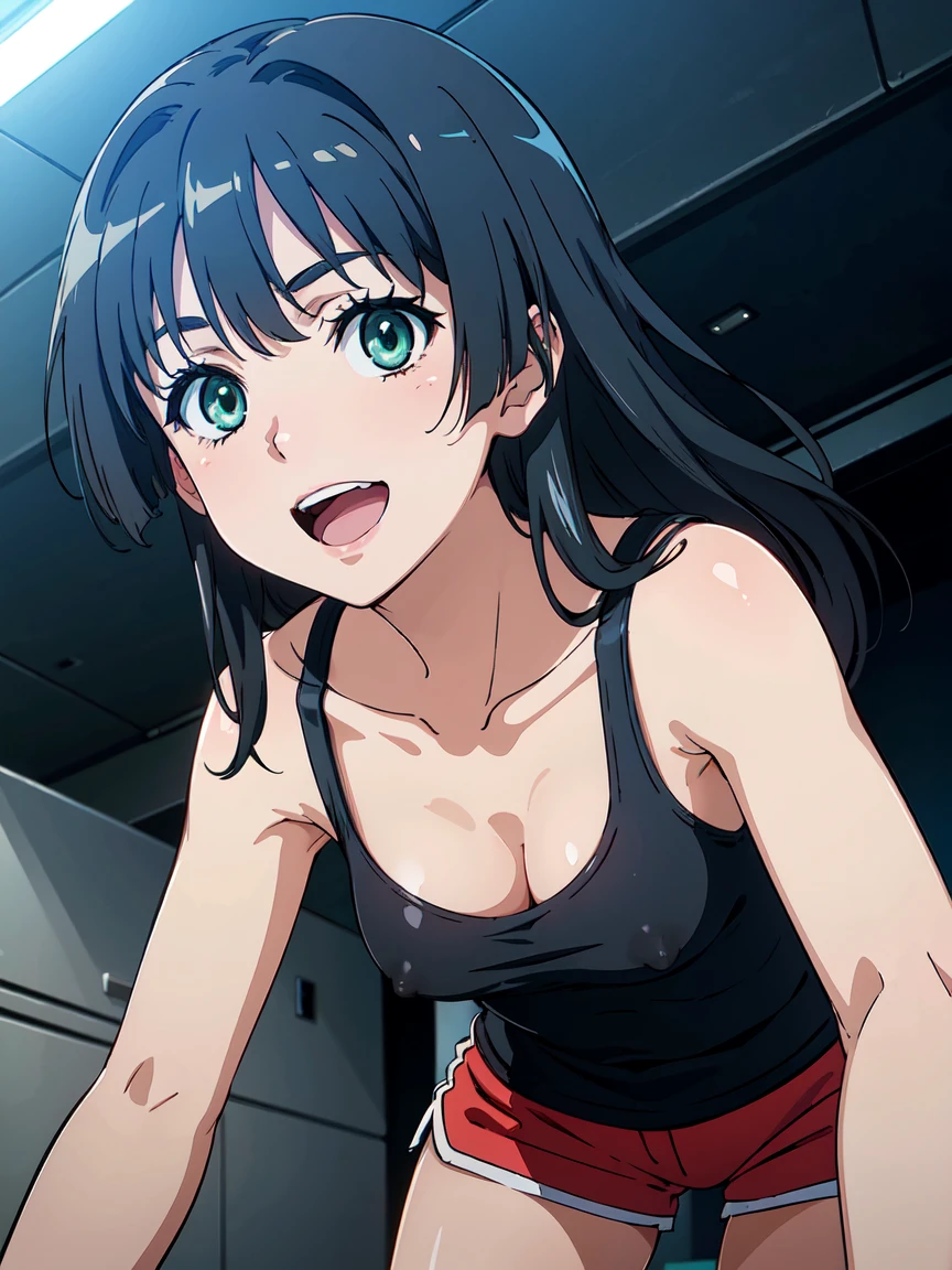 hug, (High resolution:1.4), (masutepiece:1.2), (High quality:1.3) 1girl, saten ruiko, green eyes, long hair, black hair, small breast, tank top, hot pants, cinematic lighting,  pov, dynamic angle, nsfw, open mouth, smile