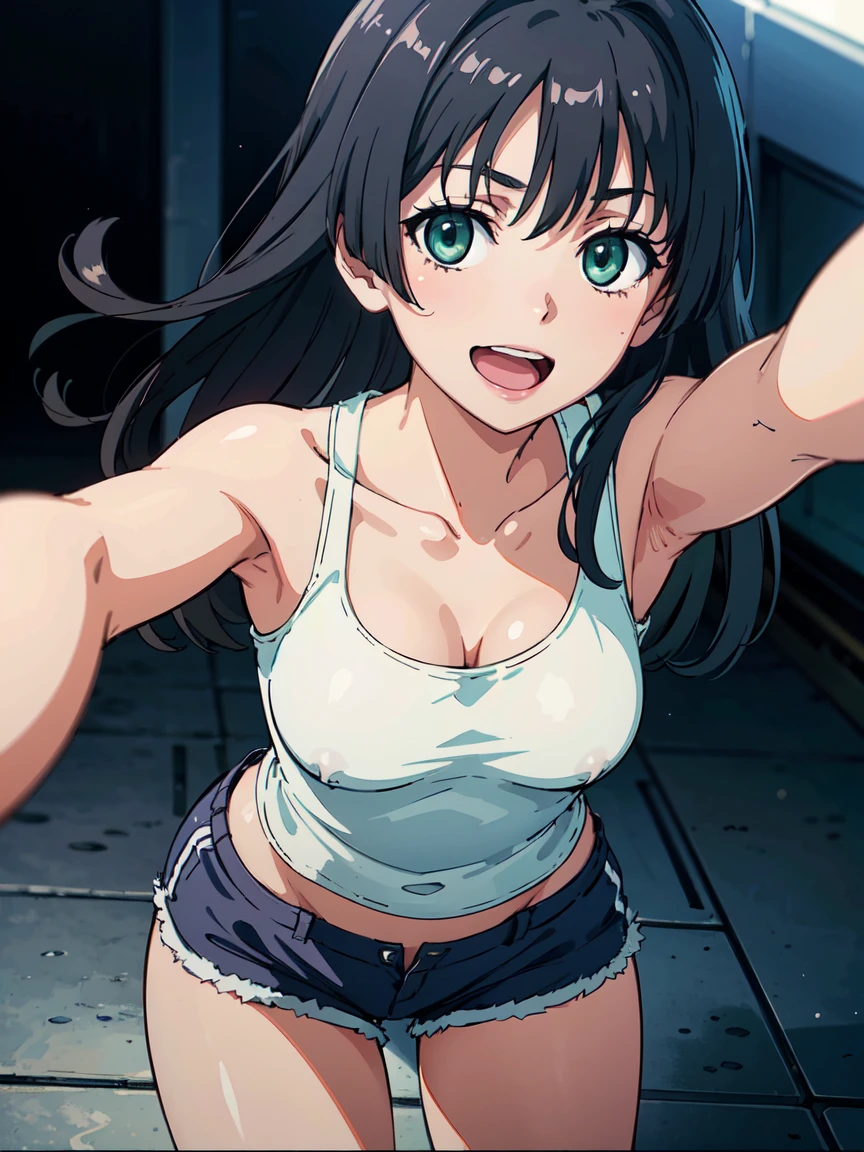 hug, (High resolution:1.4), (masutepiece:1.2), (High quality:1.3) 1girl, saten ruiko, green eyes, long hair, black hair, small breast, tank top, hot pants, cinematic lighting,  pov, dynamic angle, nsfw, open mouth, smile