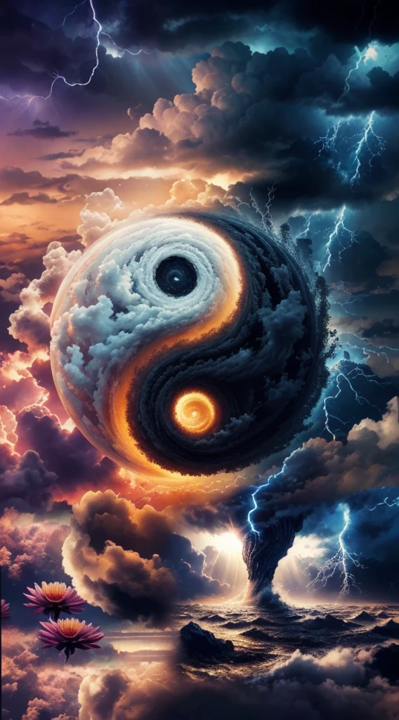 Very real image. The yin and yan, on the one hand a great catastrophic storm breaks out, on the other hand resplendent and flourishing. Photorealism, full view, highly detailed image, very realistic, hyperrealism, Ultra HD, 8k, 5, sharp focus, intricate and mysterious masterpiece. (Long exposure photography Artistic illustration close-up portrait very detailed: final quality, medium shot, backlight, Rich and striking. Enigmatic and mysterious manipulations (composition of the rule of thirds), ((detailed environment with strong lines) The best quality, in camera, white light, warm and clean aesthetics, dazzling screen composed of millions of brilliant ultraviolet rays, HDR.