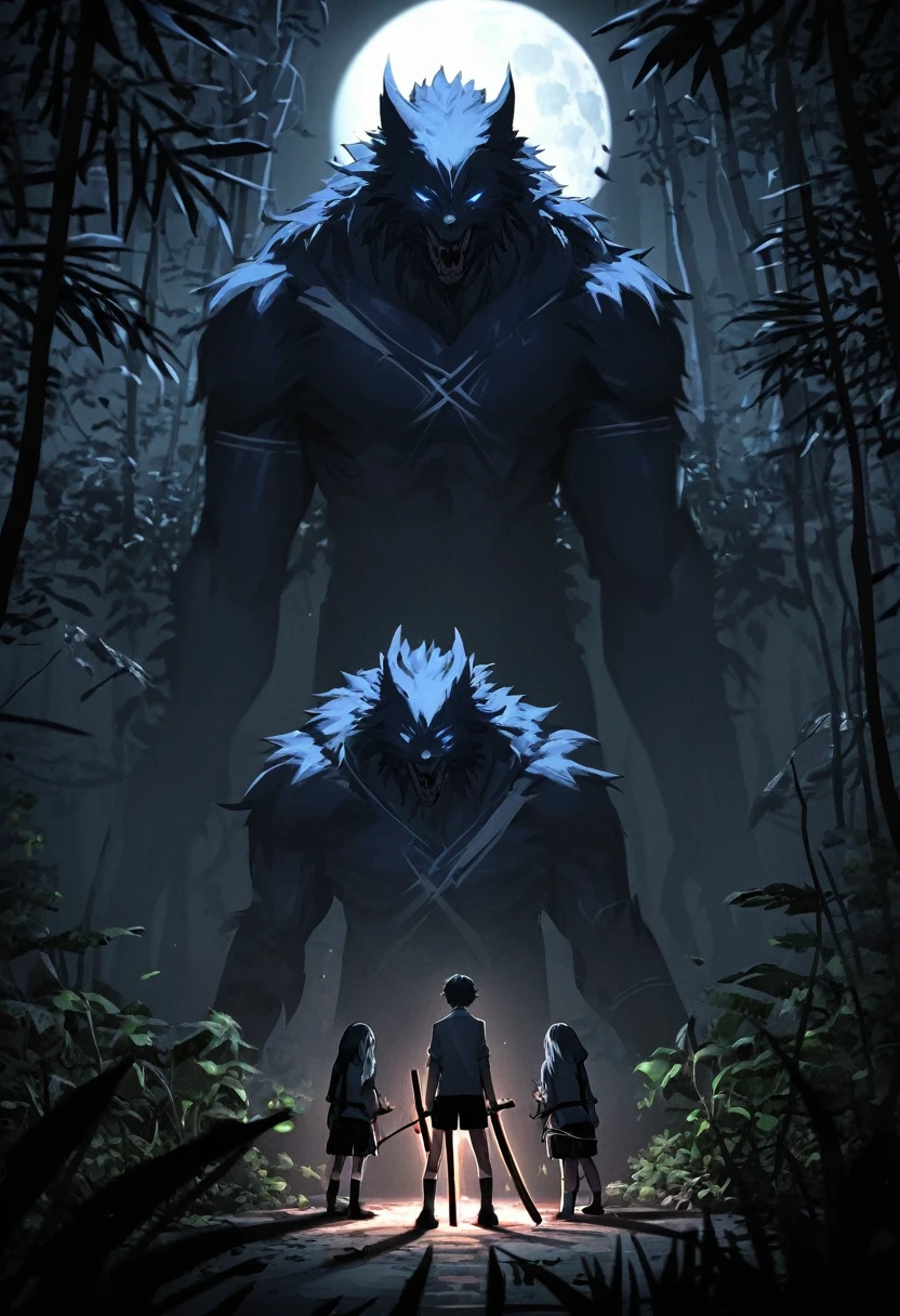 A dramatic, cinematic nighttime scene in a mysterious jungle, where a pair of 20-year-old twins, unexpectedly revealed as magical warriors, stand valiant and ready to face a pack of menacing wolf-like monsters. The twin brother, a charismatic hero, is dressed in his - a crisp half-sleeve shirt, a tie knotted neatly around his neck, and a pair of shorts with socks pulled up to his knees, an odd juxtaposition against the backdrop of the wild. His sister, equally fierce and nimble, wears a short-sleeved shirt and a mini skirt that allows for swift movement as she wields her magical red glowing bow, a quiver of arrows slung over her shoulder. The siblings' eyes are locked onto the snarling beasts that prowl around them, their gazes filled with determination and a hint of surprise. The brother, armed with a majestic blue glowing sword, holds it aloft, the blade casting eerie shadows and a comforting light in the surrounding darkness. The monsters, with fur bristling and eyes aglow with malicious intent, encircle the duo, their massive forms weaving in and out of the dense foliage. The air is thick with tension as the twins stand back to back, their trust in each other unshaken. The magical aura of their weapons illuminates the scene, creating an ethereal dance of light and shadow that pierces the inky blackness of the jungle night. The twins' school emblem, a symbol of knowledge and unity, gleams faintly on the brother's shirt, serving as a stark reminder of the world they left behind to embrace their extraordinary destinies. Despite the danger, there's a sense of unity and unyielding spirit between them, hinting at the deep bond that fuels their courage. The scene is framed with an overhanging canopy of leaves, the moon peeking through to cast a silvery glow on the battle about to unfold, as the twins prepare to unleash their arcane powers to protect their realm from the encroaching horrors of the night.