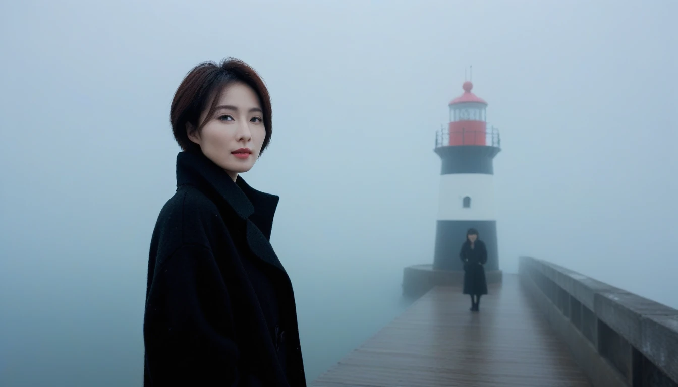 Beautiful 36 year old Korean woman, Short hair, Black coat, 멀리 Fog속 lighthouse, cool,rain,blur,Fog,middle,cool,boring,,pier,only,lighthouse,Coast, The dim light shines in the Fog,and the figure stands in the Fog holding . Full body shot with Canon Camera 16-35 wide angle lens